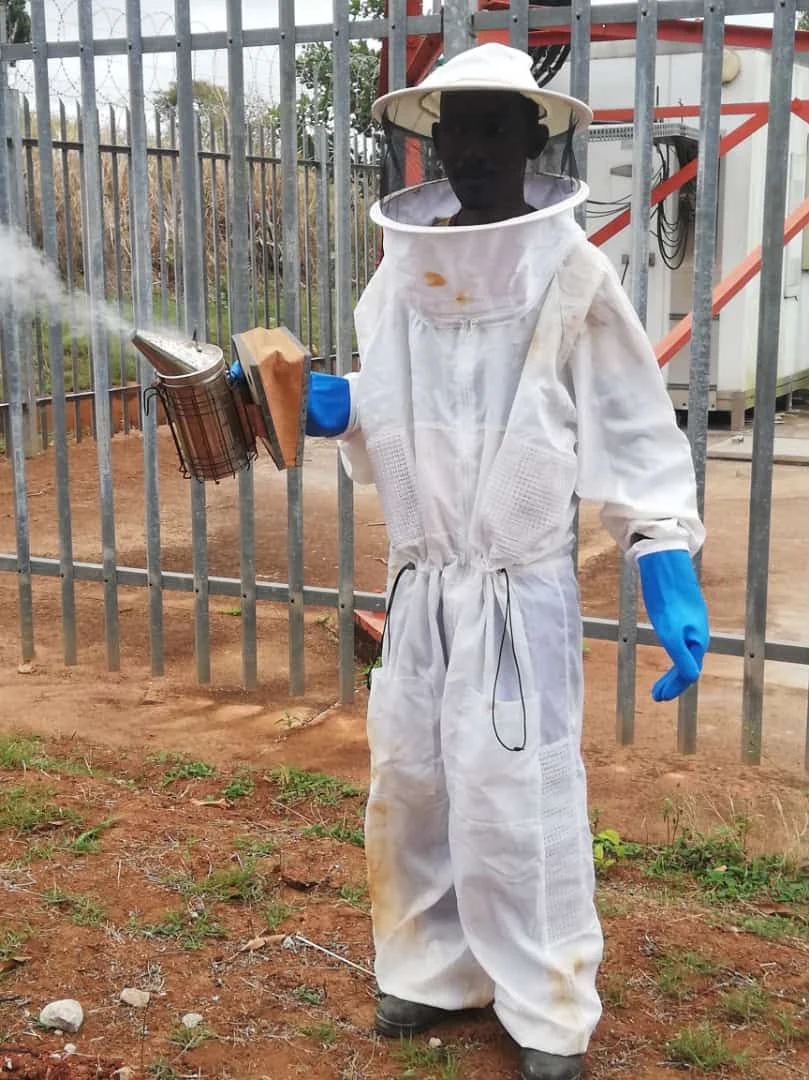 Técnico com fato de apicultor